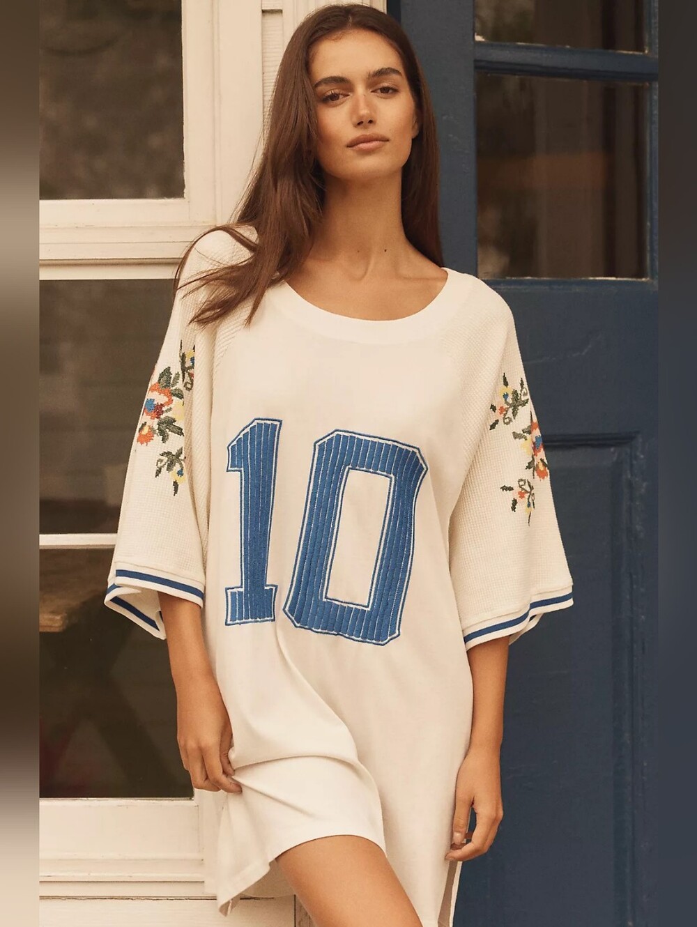 ANTHROPOLOGIE | LyreBird Oversized Embroidered Sporty Tee Cotton Sleep T-Shirt S